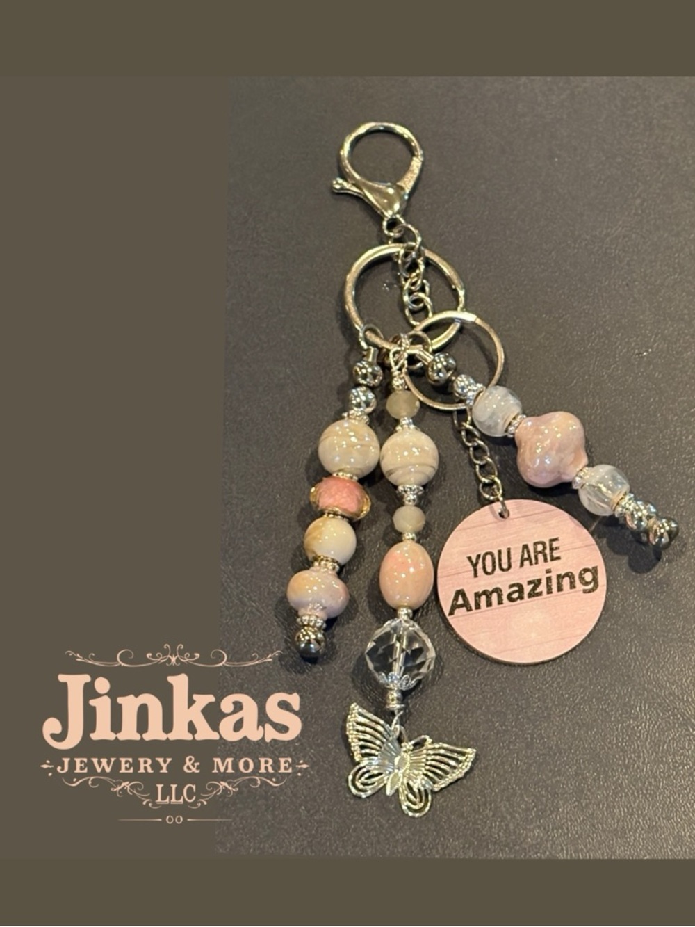 Hand Crafted Pink and Silver 'You Are Amazing” beaded purse charm